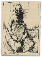 Postać siedząca by Jerzy Duda-Gracz, atrament pióro, papier zeszytowy w kratkę, sold Jan 2012