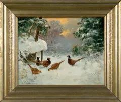 Otto Scheuerer, BAŻANTY NA ŚNIEGU, olej, sklejka