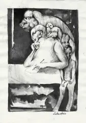 Jan Lebensztejn, Siedzący z bestiami, Ink, pen, brush, ink wash, paper