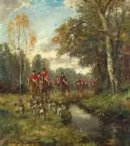 Karl Mohr, WYJAZD NA POLOWANIE Z OGARAMI, olej, płótno