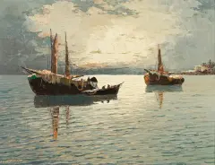 Georg Arnold, ŁODZIE O PORANKU, olej, płótno