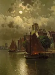 Carl Bertold, NOKTURN. NAD KANAŁEM W HOLANDII, olej, płótno
