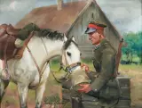 UŁAN POJĄCY KONIA by Jerzy Kossak, 1937, olej, tektura, sold Oct 2011