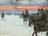 ODWRÓT WIELKIEJ ARMII SPOD MOSKWY by Jerzy Kossak, 1942, olej, tektura, sold Oct 2011