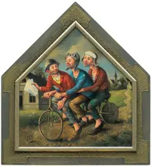 Dariusz Miliński, TRZECH MĘŻCZYZN NA ROWERZE, 2007, olej, płyta pilśniowa