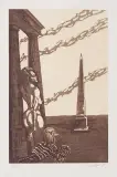 Jan Lebensztejn, Kobieta, sfinks i obelisk, 1985, akwaforta, akwatinta sepiowa, papier