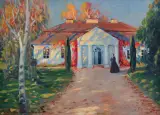 DWÓR W JESIENNYM SŁOŃCU by Bronisława Rychter-Janowska, olej, tektura, sold Jun 2011