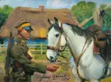UŁAN Z KONIEM by Jerzy Kossak, 1936, olej, sklejka, sold Jun 2011