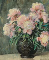 Stanisław Ejsmond, BUKIET RÓŻOWYCH PIWONII, 1923, akwarela, pastel, ołówek, papier na tekturze