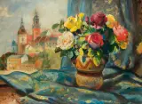Teodor Grott, RÓŻE W OKNIE Z WIDOKIEM NA WAWEL, olej, tektura