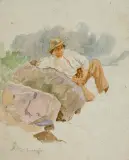 Maria Klass-Kazanowska, Chłopiec w pejzażu, studium malarskie, akwarela, ołówek, papier