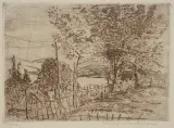 Konrad Srzednicki, Wiejski widok, 1952, akwaforta, akwatinta, odprysk barwny, papier
