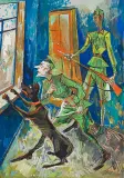 Iwan Kulik, Scena z psem (projekt ilustracji), tempera, gwasz, papier