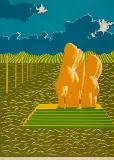 Eulalia Złotnicka, Pejzaż z pomnikiem I, 1975, linoryt barwny