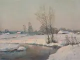 Wiktor Korecki, KRAJOBRAZ ZIMOWY Z RZECZKĄ, olej, płótno