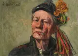 Ludwik Stasiak, AUTOPORTRET W STROJU KRAKOWSKIM, olej, tektura