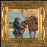 UŁAN POJĄCY KONIA by Jerzy Kossak, 1942, olej, sklejka, sold Mar 2011