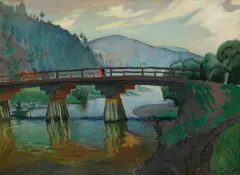 Ludwik Leszko, PEJZAŻ GÓRSKI Z MOSTEM, 1929, olej, sklejka