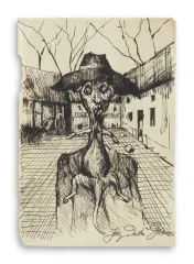 Jerzy Duda-Gracz, Na tle dworku, tusz pióro, papier zeszytowy w kratkę