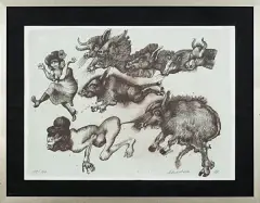Jan Lebensztejn, Z cyklu Folwark zwierzęcy, 1974, litografia barwna, papier