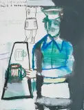Mariusz Woszczyński, Przy kuflu piwa myśli o awansie, 1993, gwasz, pastel, ołówek, papier