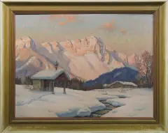 Erwin Kettemann, ZIMOWY WIECZÓR W ALPACH, olej, płótno