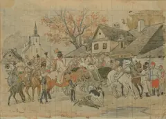 WESELE KRAKOWSKIE PRZED KARCZMĄ 1879 by Juliusz Kossak, ołówek, akwarela, papier, sold Dec 2010
