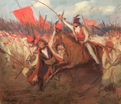 ATAK KOSYNIERÓW POD WODZĄ KOŚCIUSZKI by Włodzimierz Tetmajer, olej, tektura, sold Dec 2010