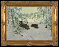 DZIKI W ZIMOWYM LESIE by Reinhold Feussner, olej, płótno, sold Dec 2010