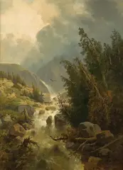 Joseph Thoma, PEJZAŻ GÓRSKI Z RWĄCYM POTOKIEM, olej, płótno