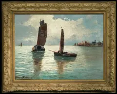 Georg Arnold, KUTRY RYBACKIE NA MORZU, olej, płótno