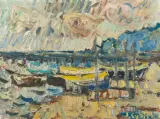 Jan Cybis, ŁODZIE RYBACKIE NA PLAŻY, 1972, olej, płótno