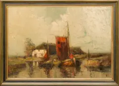Rudolf Priebe, ŁODZIE U WYBRZEŻY BAŁTYKU, ok. 1930, olej, sklejka