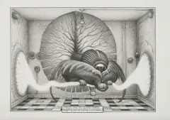 Jacek Yerka, Młody Hadron na huśtawce fotonowej, 2010, ołówek, karton