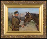 UŁAN KARMIĄCY KONIA by Jerzy Kossak, 1937, olej, tektura, sold Jun 2010