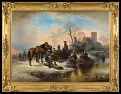 Wilhelm Alexander Meyerheim, ZIMĄ PRZED CHATĄ, olej, płótno naklejone na płytę pilś.