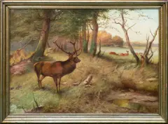 Johann-Christoffer Drathmann, JELENIE NA SKRAJU LASU, olej, płótno