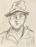 Jerzy Panek, Autoportret w kapeluszu, 1961, tusz, pędzel, papier