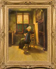 Rudolf Possin, DZIEWCZYNA ZAJĘTA ROBÓTKĄ NA DRUTACH, olej, płótno