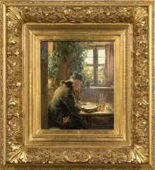 Otto Piltz, MIŁY PORANEK NAD KSIĄŻKĄ, olej, płótno naklejone na deskę