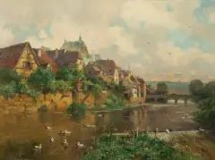 Gustav Adolf Thamm, MIASTO NAD RZEKĄ, olej, płótno