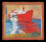 STATEK POŻARNICZY W GÖTEBORGU by Jan Szancenbach, 1997, olej, płótno, sold Dec 2009