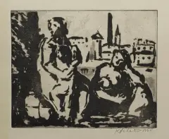 Katarzyna Latałło, Dwie kobiety na tle miasta, 1950, akwatinta, papier