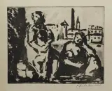 Katarzyna Latałło, Dwie kobiety na tle miasta, 1950, akwatinta, papier