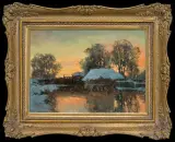 MŁYN W ZIMOWYM SŁOŃCU by Wiktor Korecki, olej, tektura, sold Oct 2009