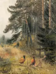 BAŻANTY NA SKRAJU LASU by Willy Lorenz, olej, płótno, sold Oct 2009