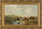 Ludwik Gędłek, KOZACY PĘDZĄCY KONIE, 1880, olej, deska