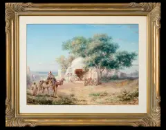 Paul B. Pascal, ARABOWIE PRZY KARAWANSERAJU, akwarela, gwasz, papier