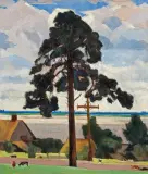 Henryk Grunwald, PEJZAŻ Z WYSOKĄ SOSNĄ, 1926, olej, płótno