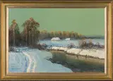 ZIMOWY KRAJOBRAZ ZE STRUMIENIEM by Wiktor Korecki, olej, płótno, offered May 2009